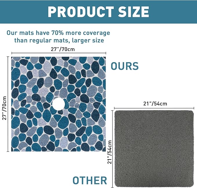 Square Shower Mat Non Slip: 27 x 27 Inch Large Shower Mats with Drain Hole in Middle - PVC Loofah Anti Slip Shower Floor Matt for Inside Shower
