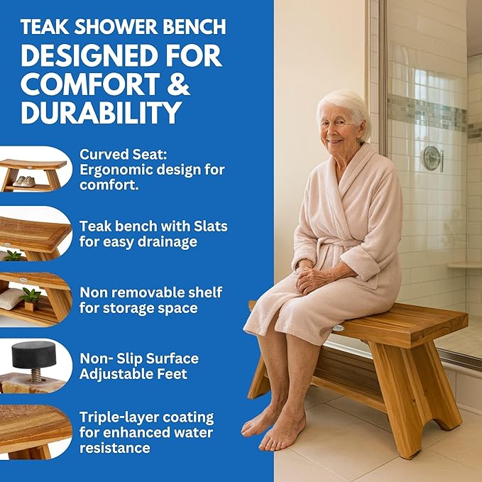 EcoDecors 30 Inch Serenity Teak Shower Bench – Waterproof Bathroom Seat-Large Storage Shelf for Adults & Senior-Spa-Style Teak Wood Stool-Non-Slip Feet-Elegant Finish-300 Pound Capacity