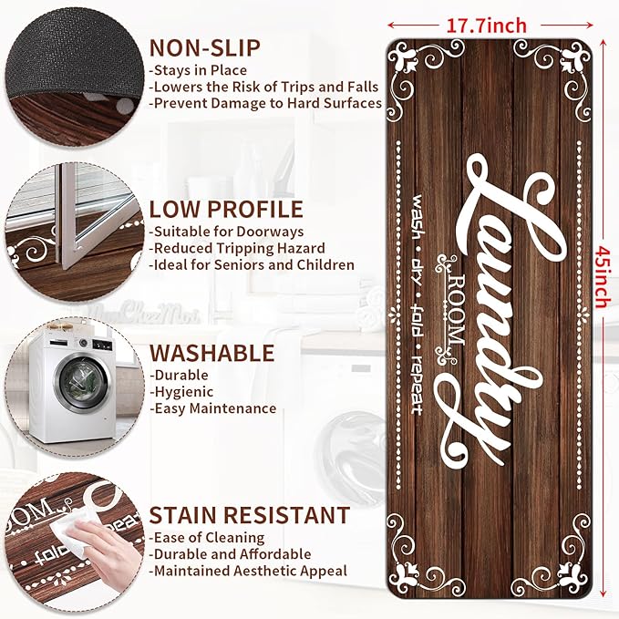 XLHOMO Laundry Room Rug Runner, 17.7"x45" Non Slip Brown Laundry Rugs, Farmhouse Washable Floor Laundry Mats for Laundry Room, Mudroom, Kitchen, Washroom, Bathroom, Hallway Entryway Area Rugs Decor