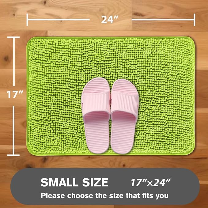 Lime Green Bathroom Rugs – Absorbent and Washable Bath Mat, Non-Slip, Thick Soft Chenille Bath Rugs for Bathroom Floor, Shower, Sink - 17" x 24"