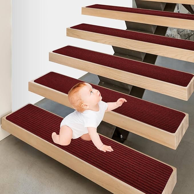 Stair Treads for Wooden Steps - Non Slip Stairs Carpet Tape Peel and Stick with Double Adhesive Tape Set of 15 Stripe- Dark red