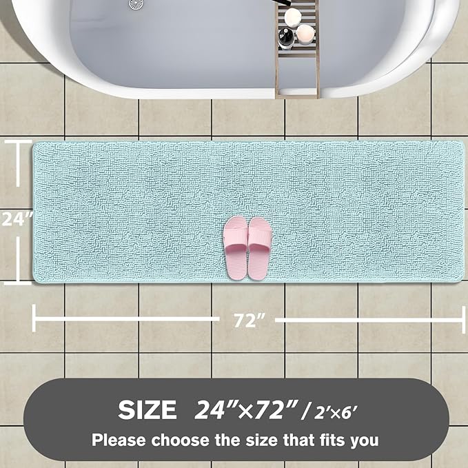 Bathroom Runner Rug 24 x 72 Non Slip – Extra Long Bath Mat | Absorbent and Washable Thick Chenille Runner Rug for Bathroom, Shower, Tub, Sink(Aqua)