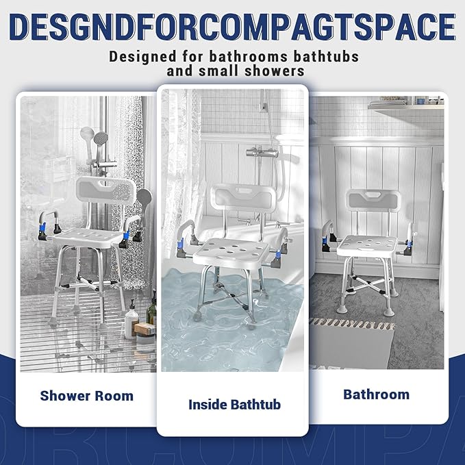 Shower Chair for Seniors Elderly Handicap Disabled Or Bariatric Adults Heavy Duty 500 Lbs Bench Seat for Inside Shower Stall and Bathroom Bath Tub with Arms and Back Adjustable Stool Chairs