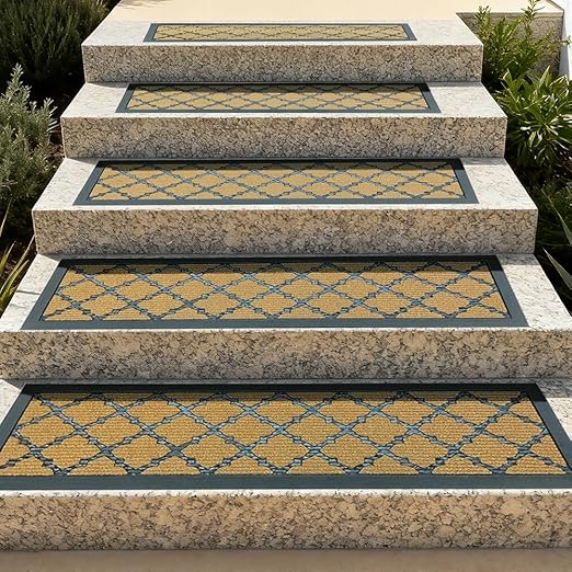 Stair Cover Outdoor for Wooden Steps, Non-Slip Rubber Brown Stair Runner Rugs, 6 Pcs 8.5" x 30" Heavy Duty Stair Mats for Outside Steps, Weatherproof Grip for Elders, Dogs & Kids, Yellow Lattice.