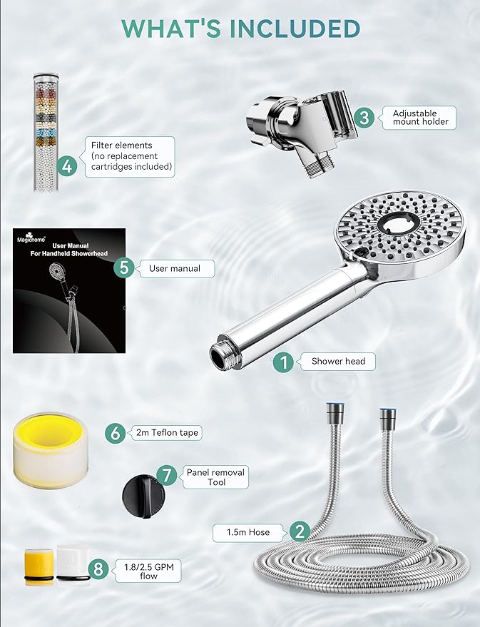 Magichome Filtered Shower Head with Handheld, High Pressure 10-Spd Detachable Chrome Showerhead with Stainless Hose, Water Softener Filter Beads for Hard Water - Remove Chlorine, Reduce Dry Itchy Skin