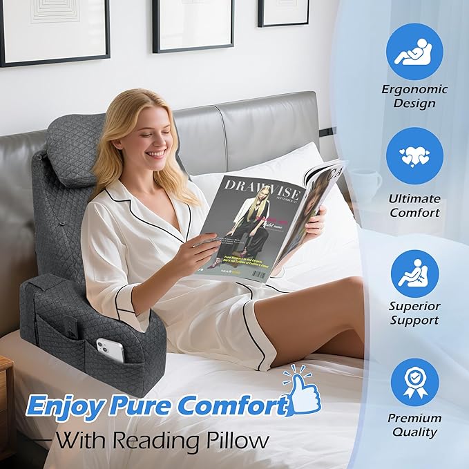 Lofty Aim Reading Pillow for Bed: Comfy Memory Foam Rest Back Pillow for Sitting in Bed Adult, Backrest Chair Pillow with Arms for Sitting Up, Watching TV, Reading, Gaming - Grey