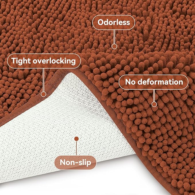 Bcoimo 44x24 Chenille Bath Mat – Non-Slip with Backing Bath Rug Ultra-Absorbent and Machine Washable Bathroom Mat Quick-Dry Design. Ideal for Bathroom Shower and Tub Areas