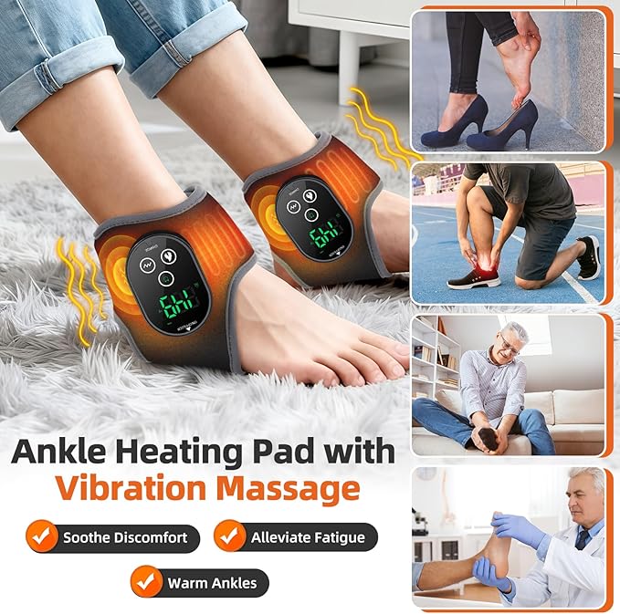 Ankle Massager, Cordless Ankle Heating Pad with Massage, Foot Massager with Heat, 3000mAh Rechargeable, 4 -Level Heats, Foot Heating Pad for Sports/Work/Travel (Black)