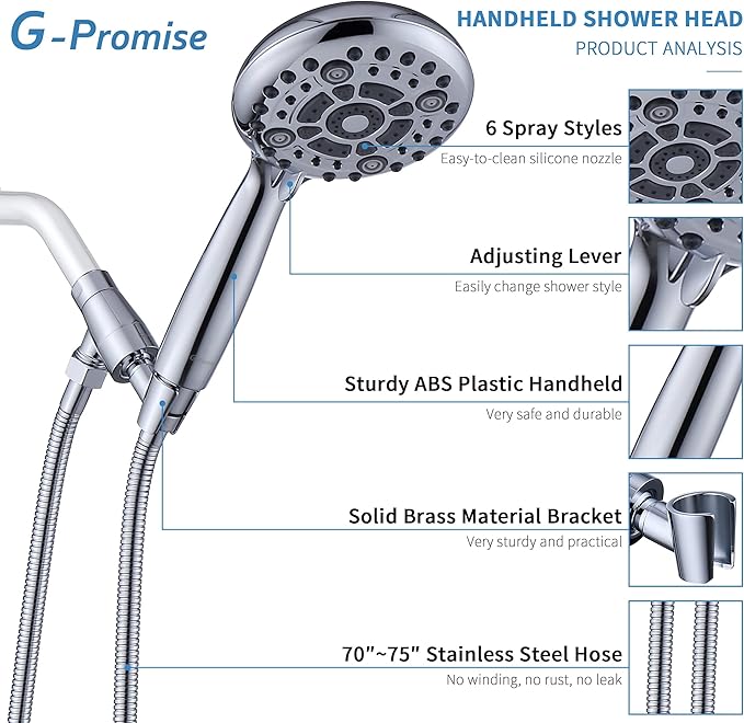 G-Promise Handheld Shower Head High Pressure 6 Spray Settings, Detachable Hand Held Showerhead 4.9 Inch Face with Extra Long Flexible Hose and Metal Adjustable Bracket