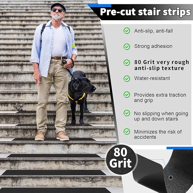 SMILOOL Outdoor Stair Treads Non-Slip Step Strips for Wooden Steps 10 Pack 6” x 24” Anti Slip Grip Tape Precut for Outside Stairs, Non Skid Stair Tread Mats Weather Resistant for Outdoors, Black