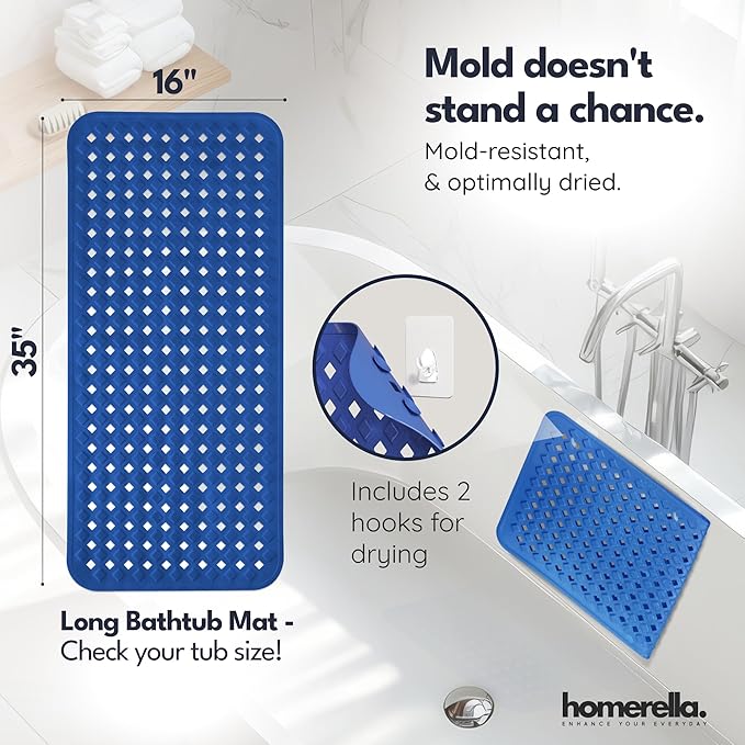 Bathtub Mat Non Slip 35x16 - homerella® Bath Mat Incl. Hooks for Drying, Extra Long, 100% BPA Free, Shower Mat Non Slip Anti Mold, Machine Washable, Shower Mats for Inside Shower Mildew Resistant