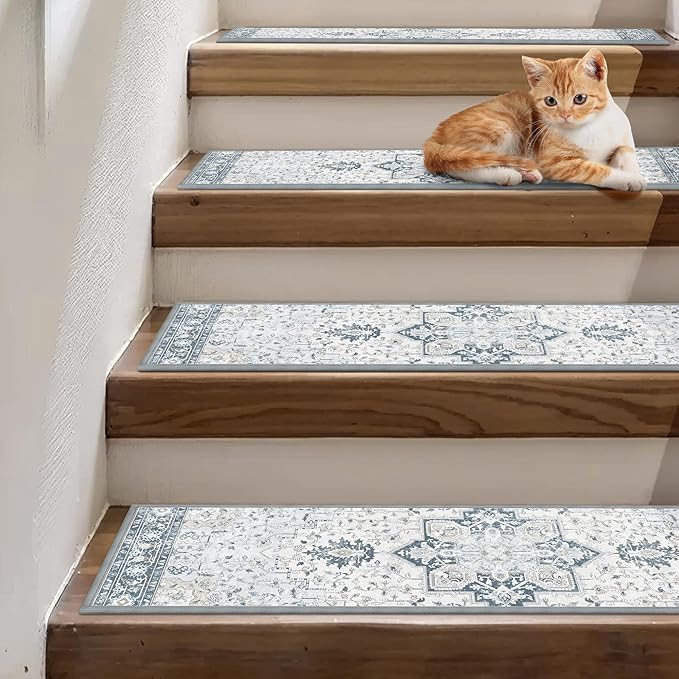 sarben Non Slip Stair Treads for Wooden Steps 15PCS - 8"x30" Indoor Safety Carpet, Edging Mats with TPE Adhesive Backing, Pet and Elderly Friendly Stair Rugs (Blue)