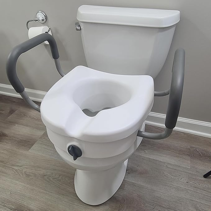 Compass EZ Lock Raised Toilet Seat, Commode Chair for Elderly with Adjustable Armrest, Adds 5 Inches of Height, Portable Seat Riser for Elderly and Handicap, Adult Potty Chair for Seniors, White
