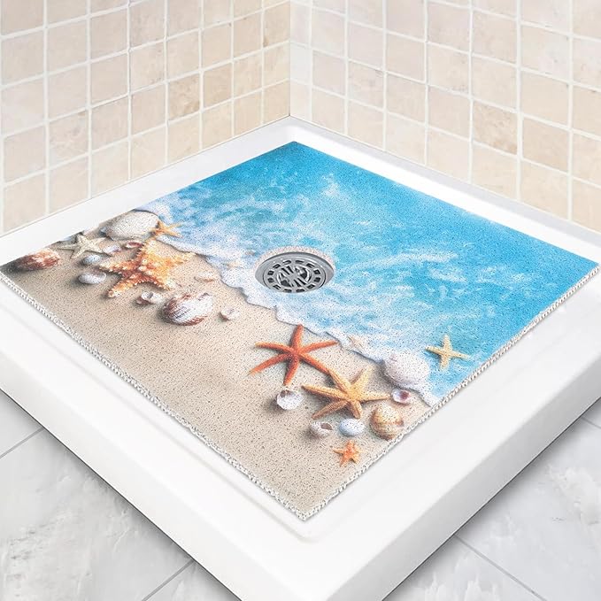 Square Shower Mat Non Slip: 32 x32 Inch Extra Large Shower Mats with Drain Hole in Middle - PVC Loofah Anti Slip Shower Floor Matt for Inside Shower