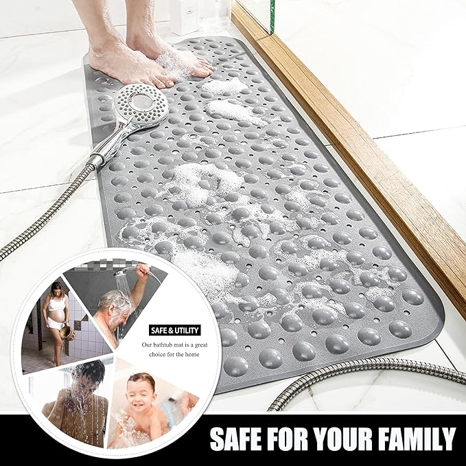 Bathtub and Shower Mats, Extra Long Non-Slip Bath Mat 39 x 16 Inch, Machine Washable Bath Tub Mat with Suction Cups & Drain Holes for Bathroom, Green
