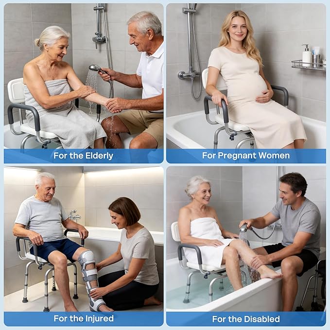 Vie Triomphe 360° Swivel Shower Chair with Arms and Back, Height Adjustable Bath Seat for Inside Shower or Tub, Shower Chair for Seniors, Elderly & Disabled, Safer Entry and Exit