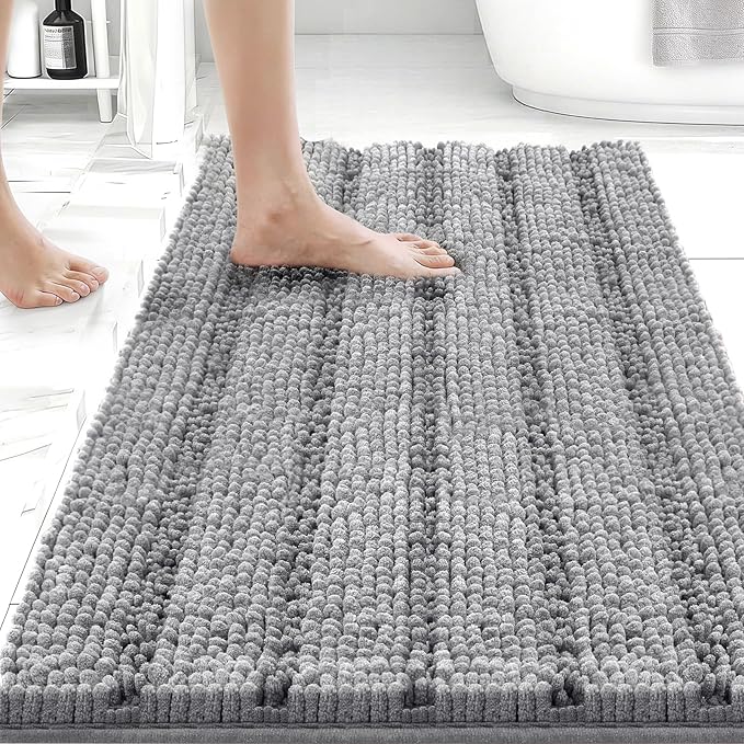 Bcoimo 30"×20" Chenille Bath Mat – Non-Slip with Backing Bath Rug Ultra-Absorbent and Machine Washable Bathroom Mat Quick-Dry Design. Ideal for Bathroom and Tub Areas