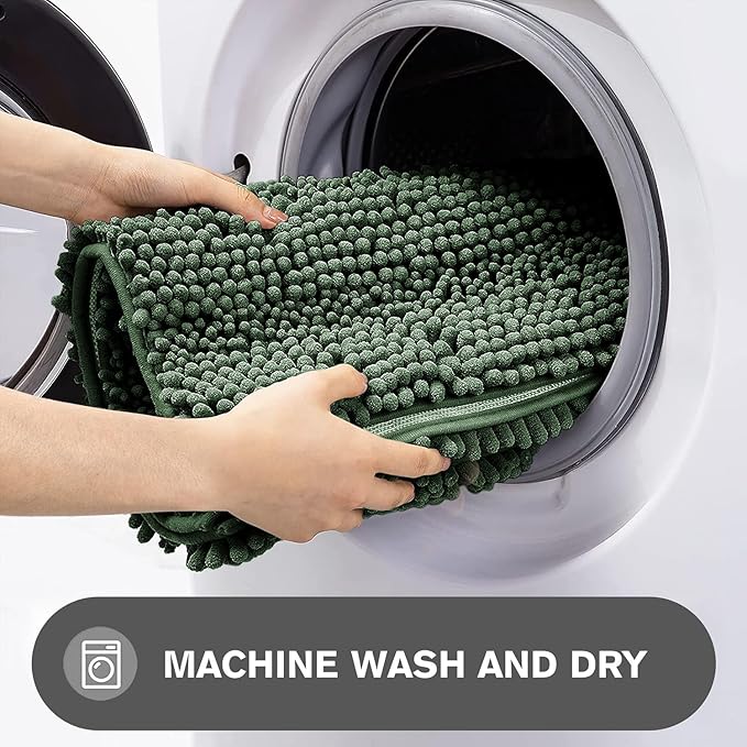 Dark Green Bathroom Rugs Sets 2 Piece – Absorbent and Washable Bath Mat, Non-Slip, Thick Soft Chenille Bath Rugs for Bathroom Floor, Shower, Sink - 17" x 24"+20" x 32"