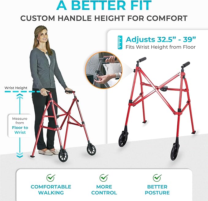 Stander Space Saver Walker, Lightweight Folding Rolling Mobility Aid for Seniors & Adults, Compact 2-Wheel Disability Device with 6-inch Wheels & Ski Glides for Walking Support, Sport Red