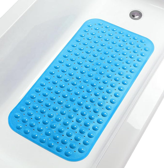 Large Non-Slip Bathtub & Shower Mat 31”x16” (Smooth/Non-Textured Tubs Only) Safe, Clean, Machine-Washable, Superior Grip&Drainage, Vinyl, Opaque Light Blue