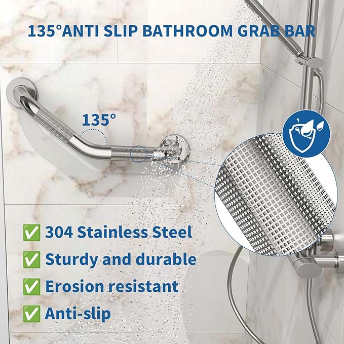 16 Inch Angled Shower Grab Bar Black, Munzong Brushed Nickel Anti Slip Bathroom Grab Bar, Knurled Bathroom Balance Bar,Safety Hand Rail Support Handicap Elderly Injury Senior Assist Bath Handle