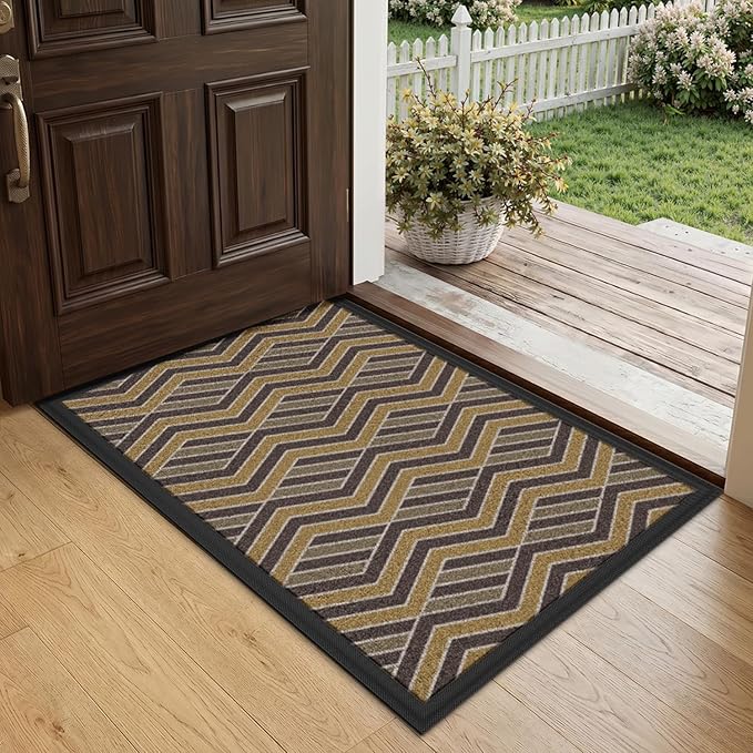 LUMI Front Door Mat 17x30, Low-Profile Non-Slip Welcome Mat for Indoor Outdoor, Stain & Fade Resistant Geometric Door Mat for Entryway Patio Porch, Zig-Amber