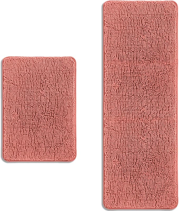 Bathroom Rugs Sets 2 Piece – Absorbent and Washable Bath Mat, Non-Slip, Thick Soft Chenille Bath Rugs for Bathroom Floor, Shower, Sink(17" x 24"+17" x 47", Coral)