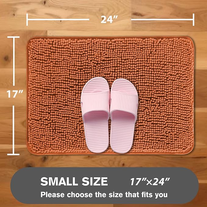 Burnt Orange Bathroom Rugs – Absorbent and Washable Bath Mat, Non-Slip, Thick Soft Chenille Bath Rugs for Bathroom Floor, Shower, Sink - 17" x 24"