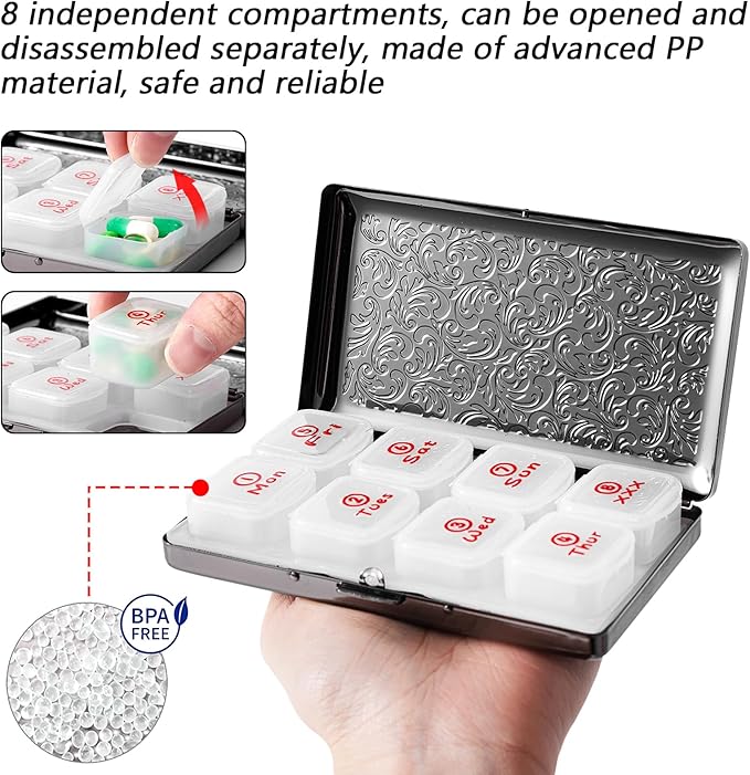 Portable 7-Day Metal Pill Case, Featuring 8 Compartments—Perfect for Travel. BPA-Free. (L-Black, Large)