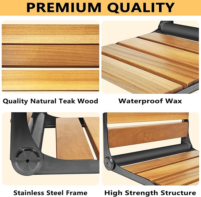 Folding Shower Seat Teak, Bath Safety Furniture Stainless Steel, Shower Seats for Elderly, Fold Down Shower Seat (Black)