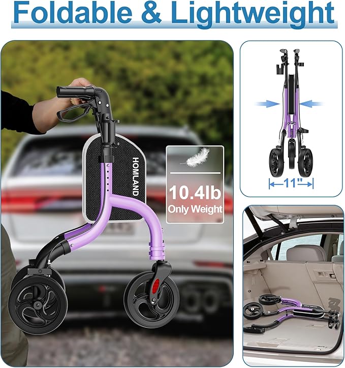 HOMLAND 3 Wheel Walkers for Seniors, Foldable Wheeled Rollator with Cane Hold and Cup Hold, Lightweight Three Wheel Rolling Walker Height Adjustable for Seniors
