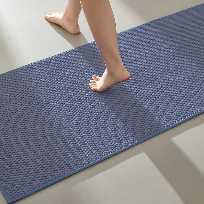 TYUU Bathroom Runner Rugs, Long Bath Mat Runner Washable Thin Quick Dry Low Pile Bathroom Runner Rugs Non Slip, Denim Blue 24"x70"
