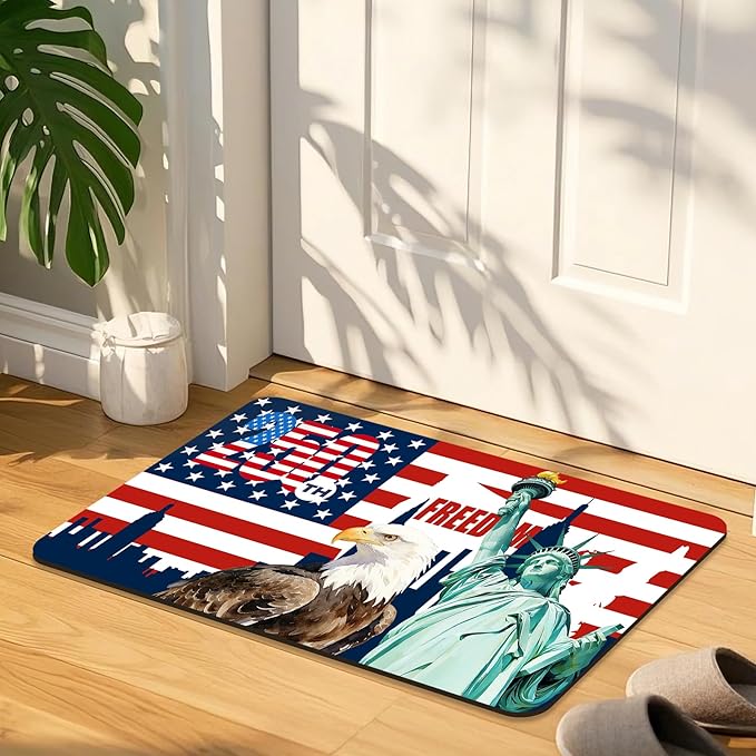 Quick Dry Bath Mat for Bathroom,Super Absorbent Patriotic 4th of July Welcome Bath Rug Non-Slip Rubber,Machine Washable Bathroom Floor Mat for Shower, Tub, Sink Area Independence Day Eagle 16x24
