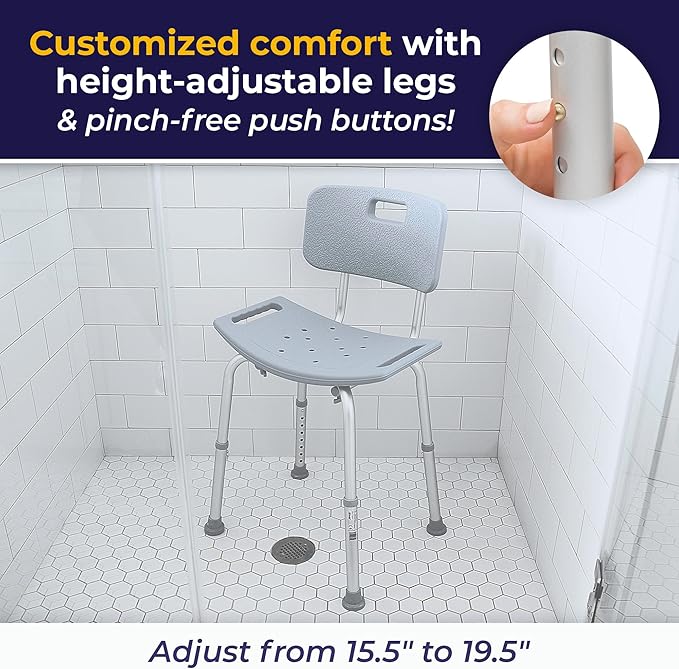 Drive Medical Shower Chair with Back - Adjustable Bathroom Bench - Suction Feet - Lightweight Durable Construction - Comfortable Contoured Seat - Grey