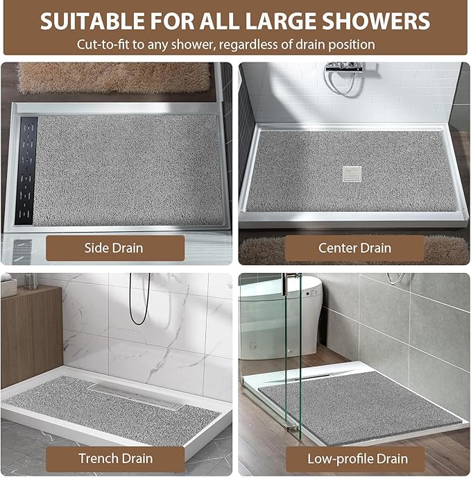 Shower Mat Non Slip: 59 x 35.4 Inch Extra Large Shower Mats for Inside Shower with Drain Hole - Soft PVC Loofah Anti Slip Shower Stall Mat for Walk-in Shower and Bathroom, Quick Drying