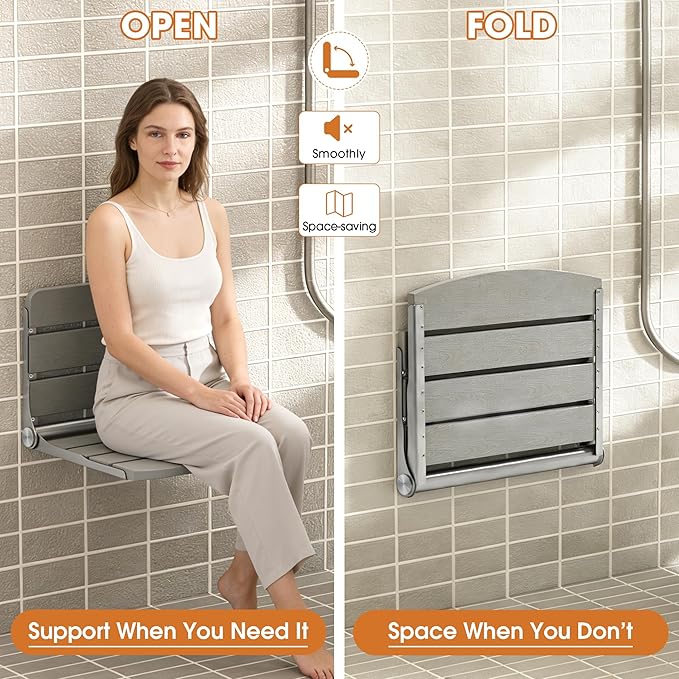 20" Folding Shower Seat, Fold Down Shower Seat Wall Mounted, Stainless Steel Frame with HDPS Seat, 400 lb Load Capacity, Folding Shower Bench for Seniors & Elderly (Gray)
