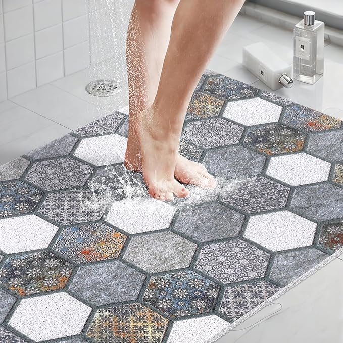 Extra Large Shower Mat: 24 X 36 Inch Stylish Shower Mats for Inside Shower - Soft PVC Loofah Trimmable Non Slip Shower Mat for Elderly, Quick Drying