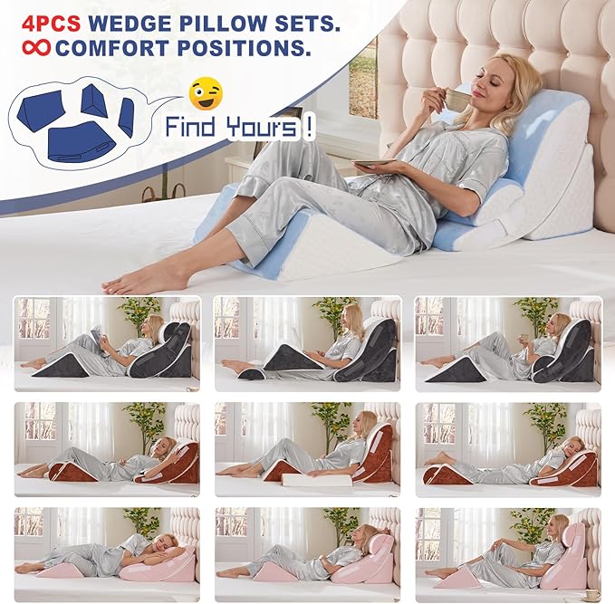 WSOFRLAC 4PCS Bed Wedge Pillow for Sleeping and Sitting Up, Orthopedic Memory Foam Pillow Set for Back Pain, Post Surgery Recovery, Acid Reflux, GERD Relief, Triangle Shape, Blue White