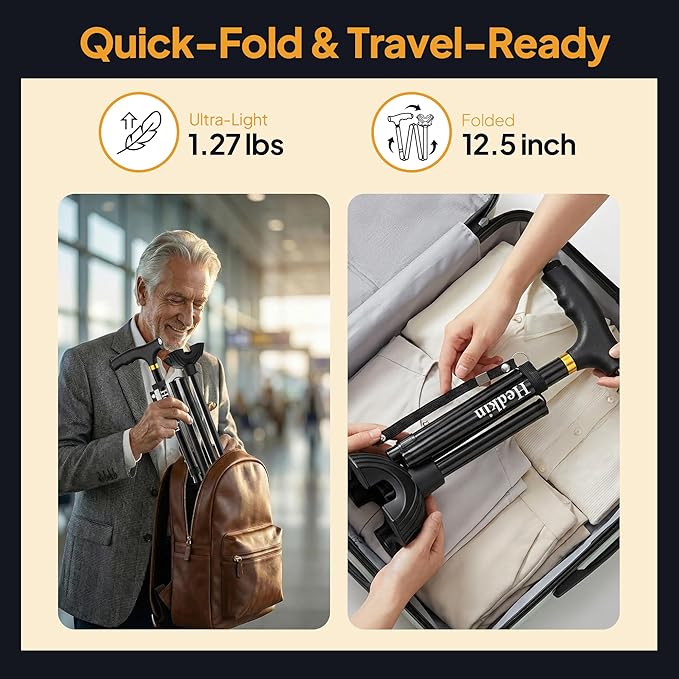 Walking Cane with LED Light, Foldable,Adjustable, Self Standing Walking Canes for Men & Women,Walking Sticks with Quad Base for Seniors & Adults