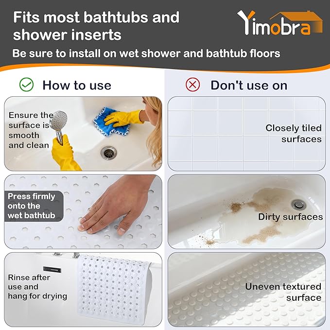 Yimobra Bath Tub Mat Non Slip, 34.5"x15.5" Long Shower Mat, Machine Washable Bathmat with Drain Holes and Suction Cups, Soft on Feet, Bathroom Essentials, White