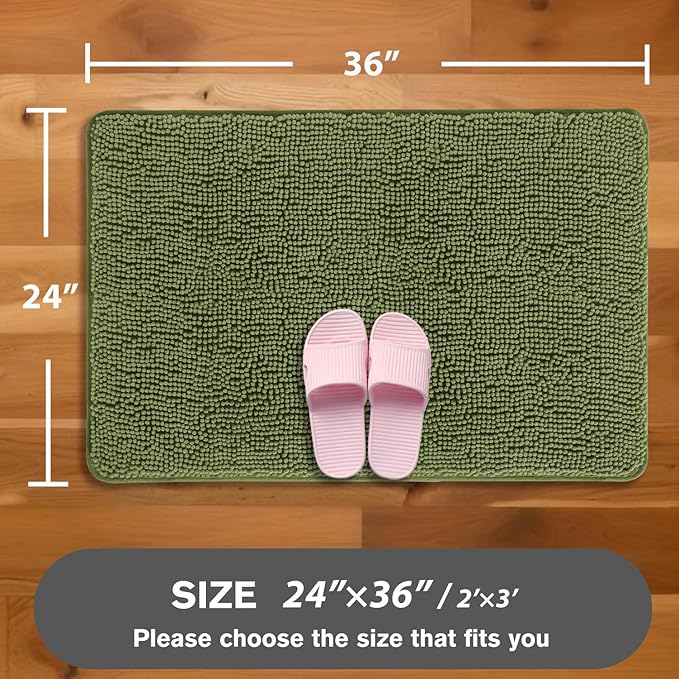 Sage Bathroom Rugs – Absorbent and Washable Bath Mat, Non-Slip, Thick Soft Chenille Bath Rugs for Bathroom Floor, Shower, Sink - 24" x 36"