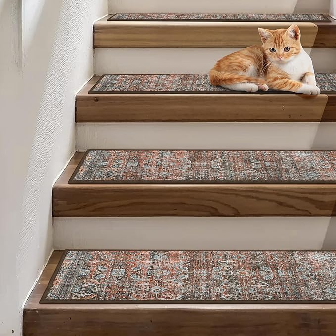 sarben Carpet Stair Treads Non Slip 15PCS, 8" X 30" Edging Stair Runner for Wooden Steps Indoor, Resistant Stair Rug with Reusable TPE Adhesive Backing, Residue Free Mat for Elders, Pets, Terracotta