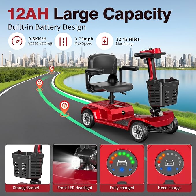 Mobility Scooter for Seniors, Red,420 lbs Capacity -12.4 Miles Range 4 Wheel Electric Scooter with Seat, 20° Hill Climb, 300W Motor, Easy to Operate and Foldable
