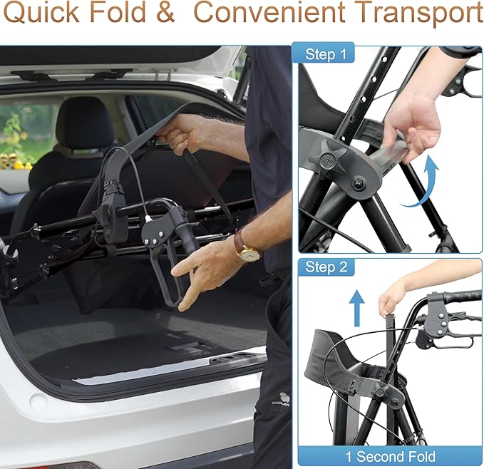 SOUNDFUSE Walkers for Seniors, Rollator Walker with Seat, 8" All Terrain Wheels, Double Support Bar, 16" Ergonomic Arc Seat and Comfortable Backrest, Dual Height Adjustable and Foldable Design