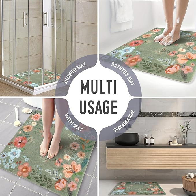 Square Shower Mat, 24 x 24 Inch Non Slip Flower Shower Stall Mat, Quick-Dry PVC Loofah Bath Mat for Shower Tub Bathroom