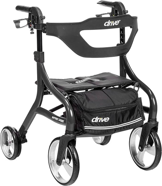 Drive Medical Nitro Sprint Foldable Rollator Walker with Seat, Petite Height Lightweight Rollator with Large Wheels, Folding Rollator, Short Rolling Walker for Seniors and Adults, Black