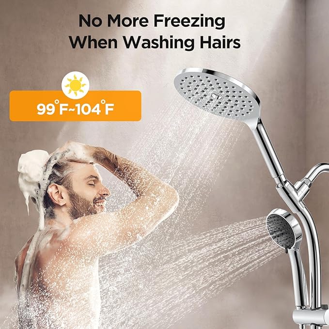 MakeFit Drill-free Dual Shower Head with Handheld Combo Rainfall Shower Head Easy Reach 3-way Diverter Stainless Steel Slide Bar with Height Adjustable Holder Adjustable Rain Showerhead (Chrome)