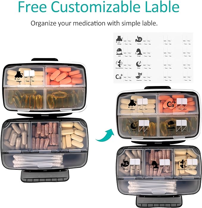Travel Pill Organizer Large Portable Medication Organizer, Fullicon Oversize 8 Compartment Pill Box, Vitamin Travel Case Pill Holder - Airtight & Moistureproof (Blue)