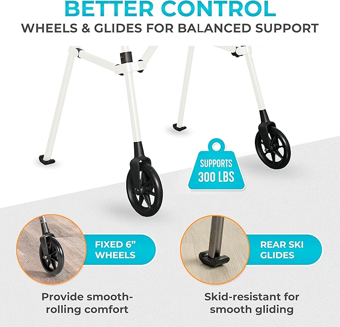 Stander Space Saver Walker, Lightweight Folding Rolling Mobility Aid for Seniors & Adults, Compact 2-Wheel Disability Device with 6-inch Wheels & Ski Glides for Walking Support, Vivid White