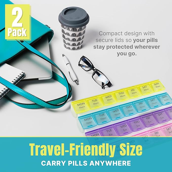 Weekly Pill Organizer - 4-Times-a-Day Pill Planner (Pack of 2) Pill Box Separates Pills & Vitamins with Daily Morning, Noon, Evening & Night Compartments, Travel Medication Reminder Monday to Sunday